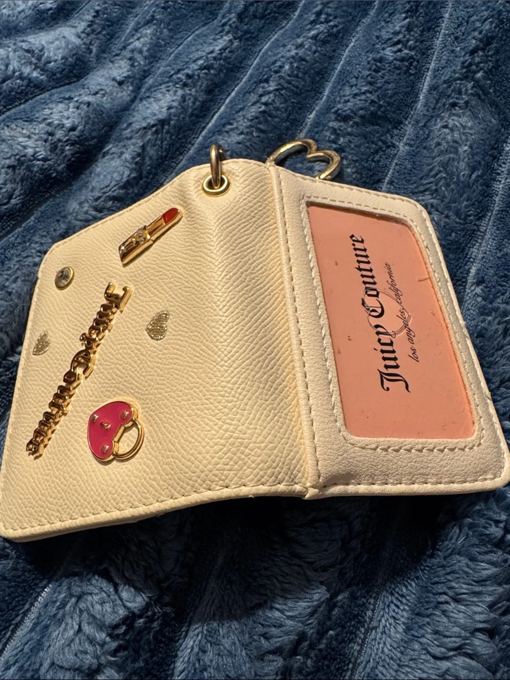 Juicy Couture Cream Mini Wallet Keychain with Gold Hardware